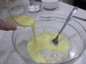 Add room temperature butter to mashed banana